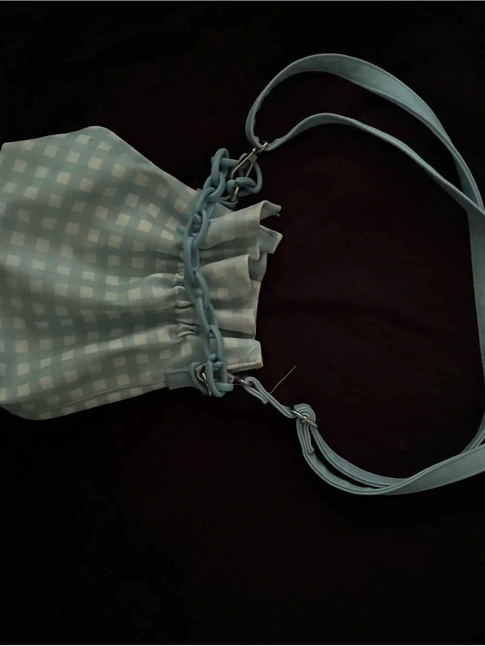 Others Follow Blue Gingham Drawstring Bucket Bag with Chain Accent